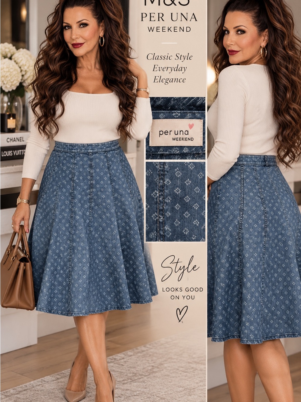 per una Blue Printed Denim Circle Skirt